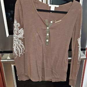 Elegant Brown Long Sleeve Top with Embroidery
